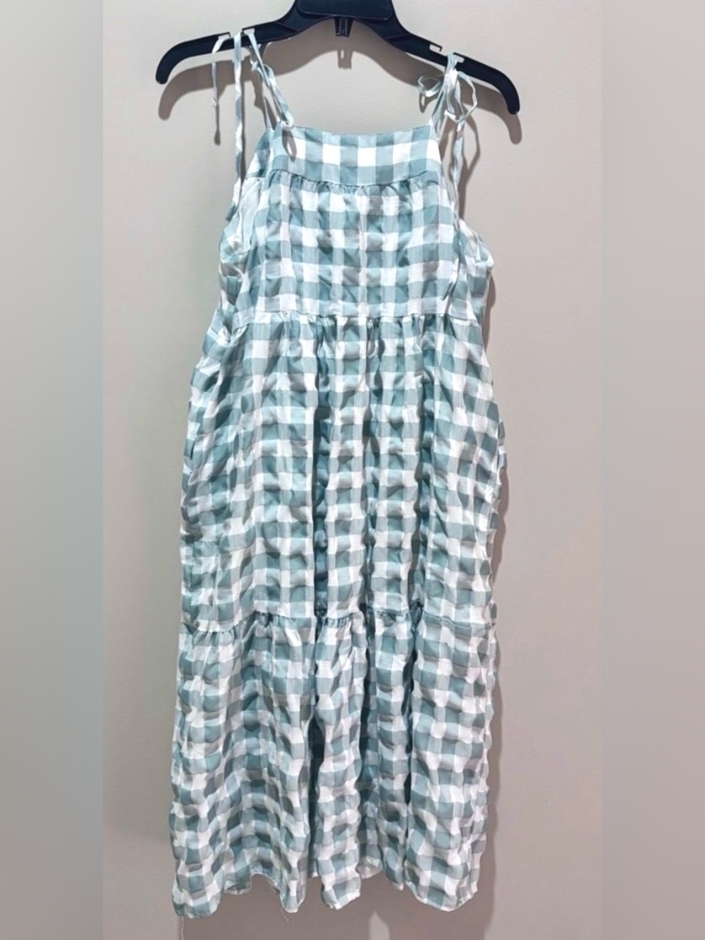 Petal & Pup Sage Green Gingham Tiered Midi Dress Tie Strap Cottagecore Size 4 - Picture 3 of 4